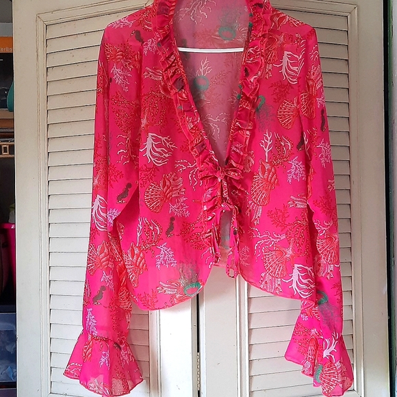 SHEIN Tops - SHEIN 2XL Hot Pink Coral Reef & Green Jellyfishes Mesh Top